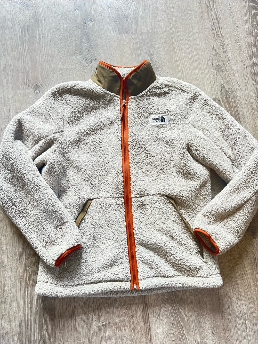 The North Face Cream Sherpa Fleece Jacket with Olive Trim